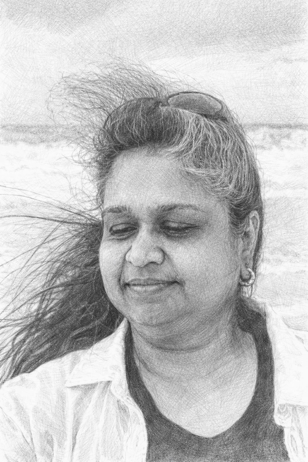A closeup black and white photo imitating a sketch of Anu Gupta